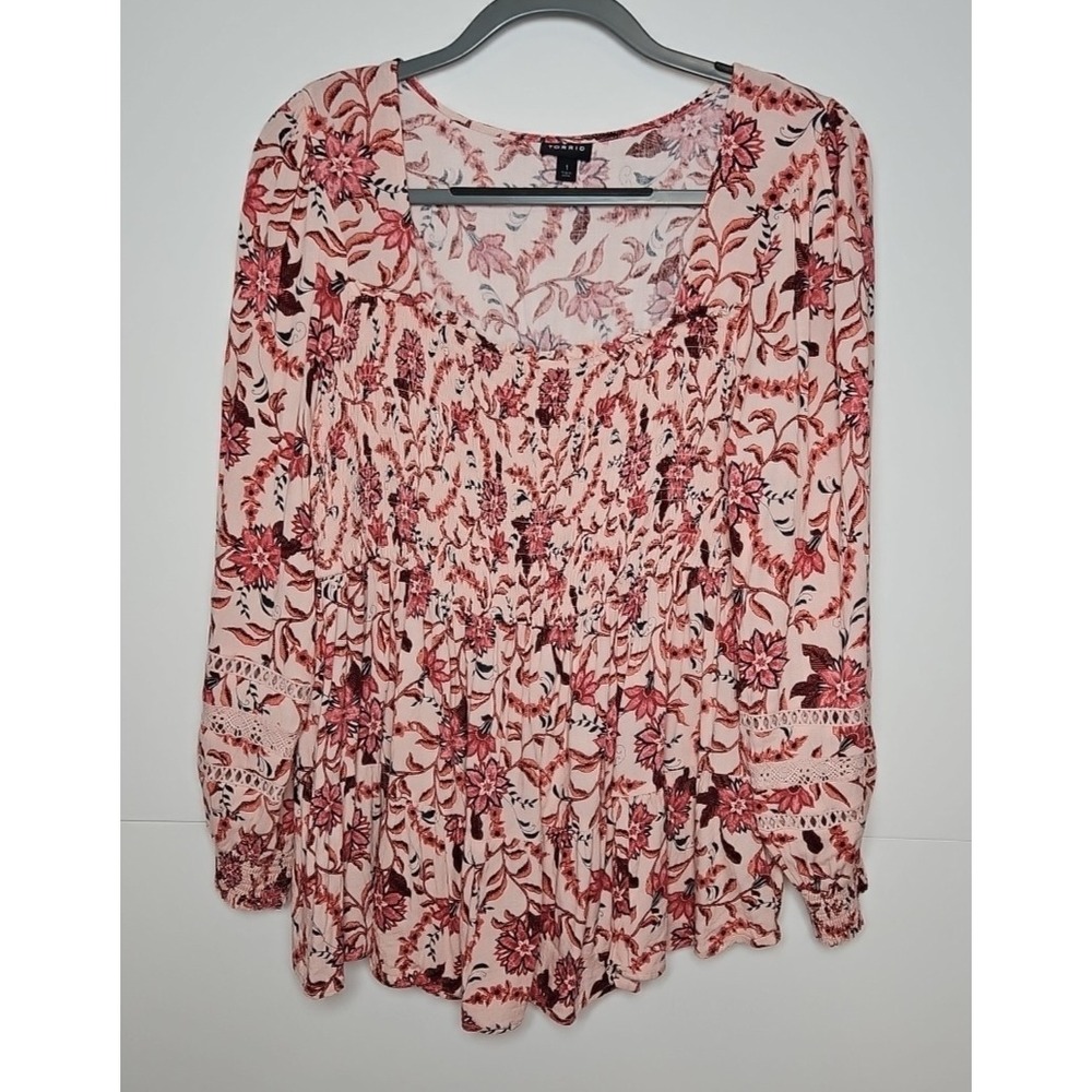 Torrid Womens Pink Floral Smocked Peplum Long Sleeve Blouse Size 1 (1X)